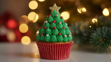 decorated Christmas tree cupcake