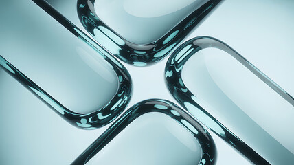 Abstract 3D Render of Intersecting Transparent Glass Shapes on Blue Background