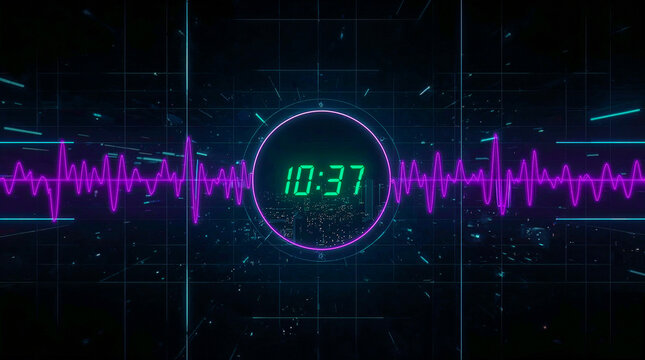 Neon digital clock displaying 10:37 inside a purple circle, framed by vibrant purple sound waves and a futuristic grid background.