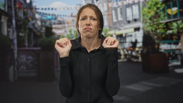 Woman holding palms out in front of face on street, hands raised in a refusal gesture while leaning back; disgust.