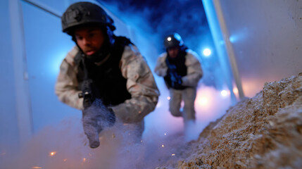 Military personnel navigate a chaotic, smoke-filled corridor, capturing the intensity of a tactical exercise in a controlled environment with a focus on safety and strategy.