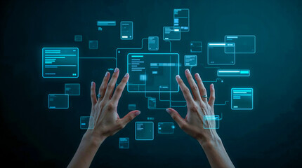 A person's hands interact with a holographic interface displaying a network of digital screens and data.