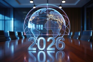 Glowing metallic numbers 2026 sit beneath a holographic digital globe, representing global business strategy in a.