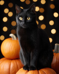 Black cat sitting among pumpkins with glowing bokeh lights in the background