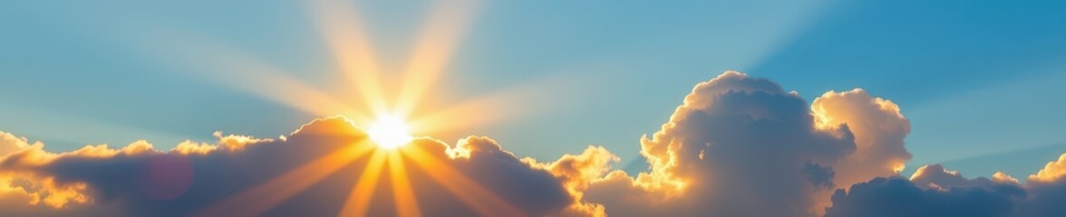 Fototapeta premium Golden sunlight pierces soft, white clouds against a vibrant, clear blue sky, radiance, daylight