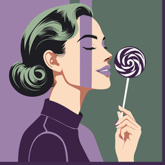 Stylish portrait of a confident woman in side view, holding a lollipop near her lips. Modern poster design with retro vibes, for lifestyle branding, fashion editorials, or contemporary art prints.