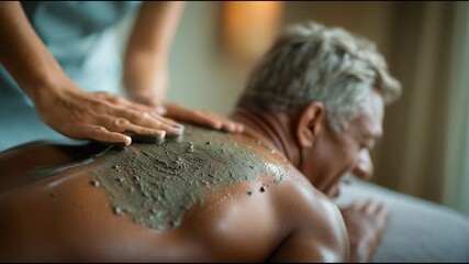 Therapist applies mud treatment on back for relaxation