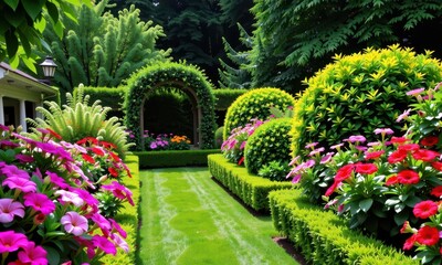 Lush green garden with vibrant flowers and manicured hedges, a peaceful outdoor sanctuary, beauty, outdoor space, gardening