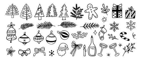 A set of hand-drawn Christmas and New Year elements for graphic designers. Doodle collection for holiday design and decoration.
