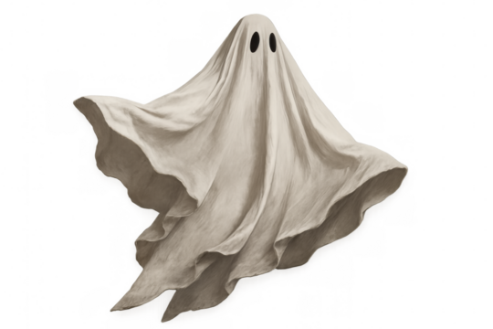 Ghost floating, white paranormal spirit halloween costume, scary phantom illustration with transparent background
