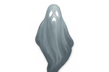 Halloween scary ghost showing a fearful expression with empty eyes and mouth, flying with a transparent background