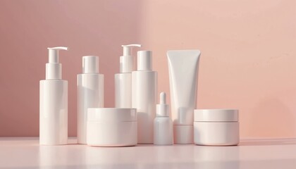 Set of empty white cosmetic bottles and jars arranged on a pink background. Includes pump bottles serum dispenser and cream pots. Clean minimalist product packaging for beauty brands. Studio shot.