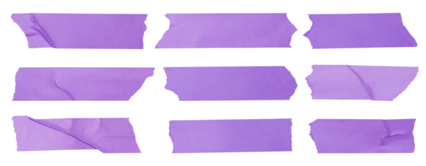 Set of purple adhesive torn tape pieces isolated on a transparent background, wrinkled masking tape collection for design and decoration elements