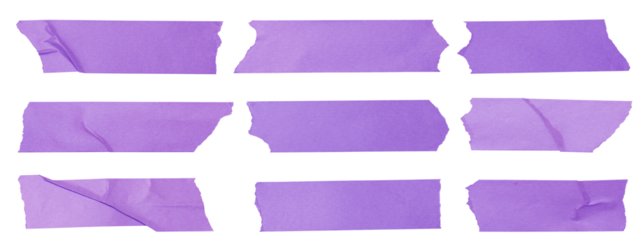 Set of purple adhesive torn tape pieces isolated on a transparent background, wrinkled masking tape collection for design and decoration elements