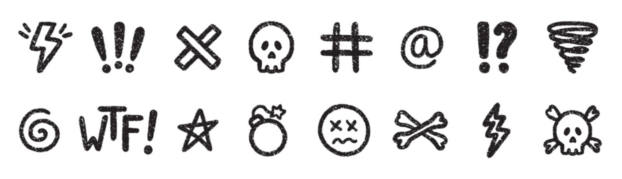 Crayon swear word and hate icons doodle set. Chalk scribble angry comic symbol in sketch style. Hand drawn vector illustration isolated on white background