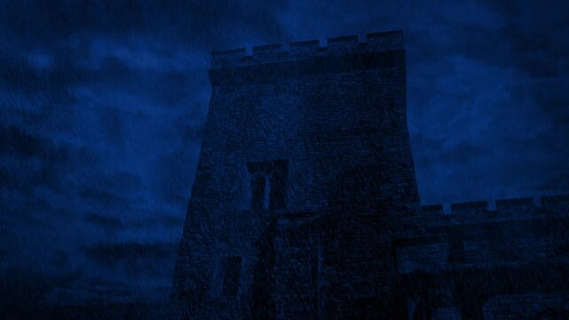Castle Turret In Rainfall At Night