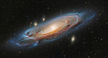 Wide view of a spiral galaxy with a bright core, surrounded by stars and dark space, showing vastness, exploration, and universe wonders