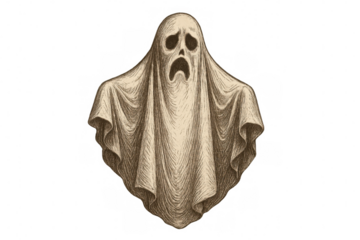 Crying ghost drawing for halloween, spooky spirit design, fear and horror concept illustration on transparent background