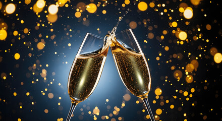 Two champagne glasses toasting surrounded by golden confetti and sparkles representing a glamorous New Year party atmosphere
