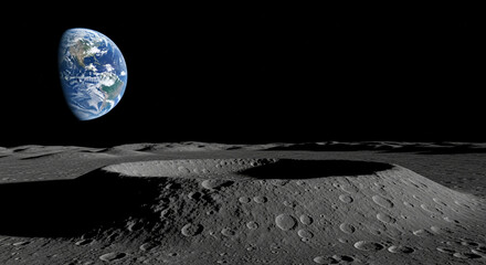 View of Earth from gray moon surface. Illustrates perspective and wonder, inviting contemplation of vast space, and unique planetary position