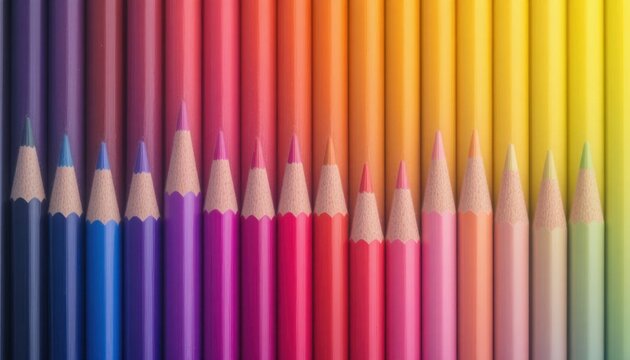 Colorful Arrangement of Sharpened Pencils Creating a Vibrant Gradient Effect in Bright Hues