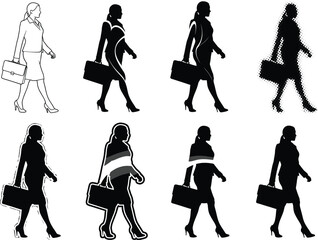 WebBusinesswoman walking silhouettes, briefcase professional, career woman, office lifestyle, corporate job, dynamic design, modern business, artistic illustration styles