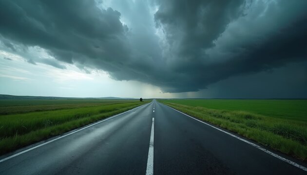 Empty highway under dark stormy clouds, rain falls in distance. Green fields flank wet asphalt road. Journey ahead into bad weather, dramatic sky.