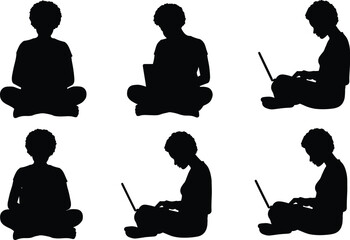 WebLaptop user silhouettes, remote work postures, online learning, digital lifestyle, freelance job, technology connection, modern education, ergonomic sitting illustration