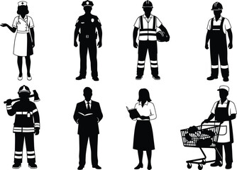 WebProfession silhouettes illustration, diverse occupations, nurse police firefighter worker teacher businessman, career diversity, workforce roles, employment industry, job identity concept