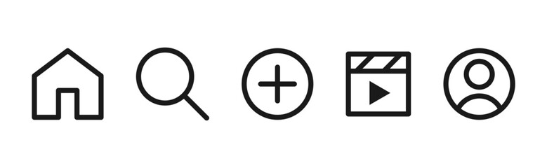 Social media icons set. home, search, add, video reel, profile, icon in flat style. vector app interface web icons