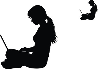 WebSilhouette woman using laptop, remote work concept, online learning, digital lifestyle, freelance job, technology connection, modern education illustration