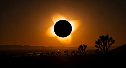 Silhouette of Joshua trees against an orange sky with total solar eclipse, conveying cosmic event, wonder, and natural spectacle, perfect for science concepts