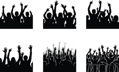 Crowd silhouettes cheering, people raising hands, concert celebration, festival audience, unity excitement, entertainment event, party energy, joyful gathering illustration