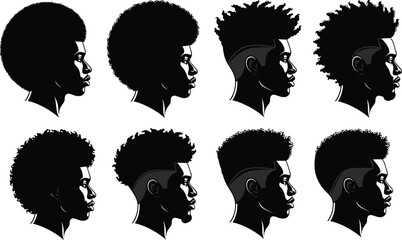 WebAfro hairstyle silhouettes, diverse curly hair profiles, natural textured beauty, cultural identity, fashion diversity, black hair illustration, modern style expression