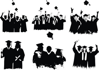 WebGraduation silhouettes with caps and gowns, students celebrating success, diploma achievement, academic ceremony, education milestone, teamwork unity, future opportunity