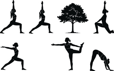 WebYoga silhouettes with tree symbol, meditation balance, fitness exercise, healthy lifestyle, mindfulness practice, spiritual growth, wellness poses, harmony nature