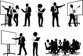 Business professionals silhouettes in corporate meeting, teamwork collaboration, office presentation, leadership strategy, conference discussion, workplace communication, management planning, success