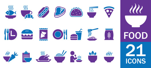 Food Icons Set. burger, noodle, soup, drink, coffee, tea, vegetables and more. solid icons Vector Style on White Background