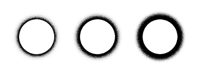 Three black stipple noise rings on a white background. Halftone dot grain vector graphic for design element. Abstract texture for modern art.