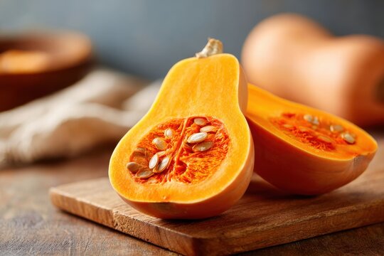 Fresh butternut squash halves on wooden table