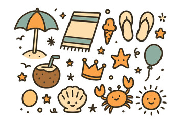 Beach Vacation Doodles. Beach holiday doodle icon set: hand drawn icons of umbrella, towel, flip flops, ice cream, coconut, crown,