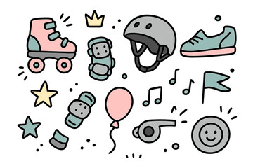 Skating Doodle Icons. Skating doodle icon set: hand drawn icons of roller skates, helmet, pads, shoes, crown, star, balloon, flag,