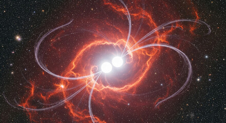 Image of two bright celestial object surrounded by swirling red nebula and numerous stars, representing cosmic energy, vastness, mystery, exploration