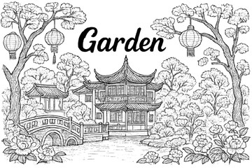 Yu Garden Lanterns. Hand-drawn yu garden with lanterns, trees, and flowers, center word “Garden” in black and white isolated