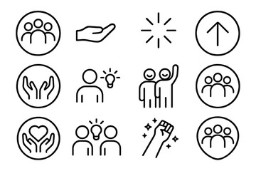 Team Empowerment Icons. Line style round icons of team empowerment: group circle, open hand, light spark, upward arrow; trust icon