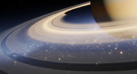 Image shows a celestial body with layered rings against starry space, representing exploration, astronomy and the vastness of the universe