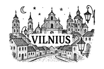 Vilnius Skyline Art. Hand-drawn vilnius old town with churches, moons, and lanterns, center word “Vilnius” in black and white