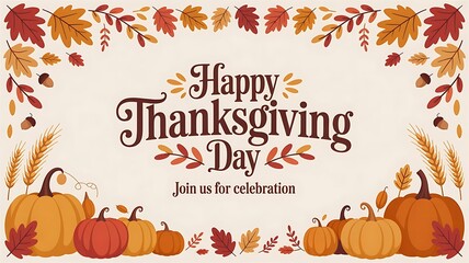 Happy Thanksgiving banner, card with autumn leaves background, vector, fall leaf, clipart & happy Thanksgiving calligraphy, lettering, text, words, typography, created with generative ai
