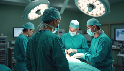 Surgeons in green scrubs perform operation in modern hospital operating room. Medical team in masks, caps work together under bright surgical lights. Doctor operates on patient. Medical professionals