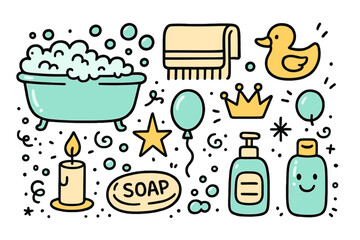 Cute Bath Essentials. Bath doodle icon set: hand drawn icons of bathtub, bubbles, towel, rubber duck, crown, star, balloon, candle